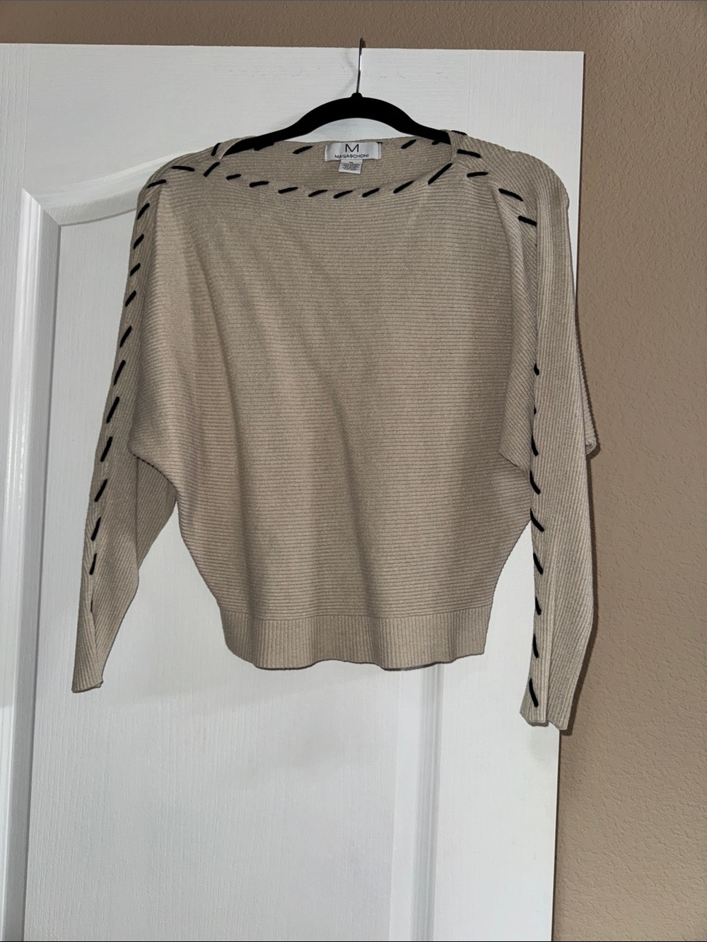 Magaschoni Beige Knit Crewneck Sweater with Black Stitching